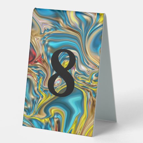 abstract marble swirls yellow teal turquoise blue table tent sign