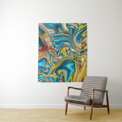 abstract marble swirls yellow teal turquoise blue tapestry