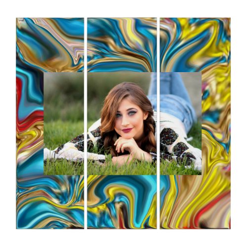 abstract marble swirls yellow teal turquoise blue triptych