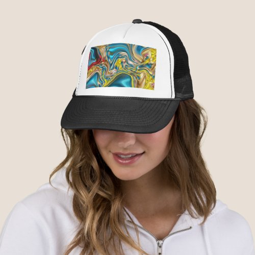 abstract marble swirls yellow teal turquoise blue trucker hat
