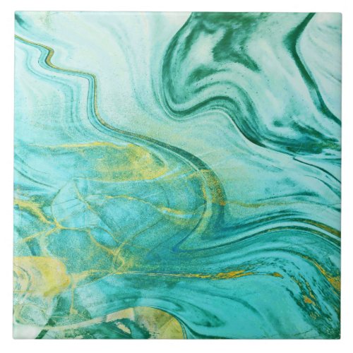 Abstract Marble Turquoise Teal Gold Glitter   Ceramic Tile