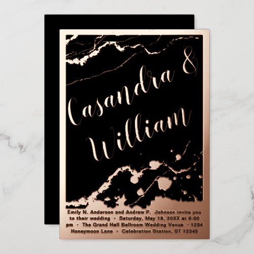 Abstract Marble Veining Gold Borders Wedding     Foil Invitation