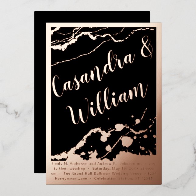 Abstract Marble Veining Gold Borders Wedding     Foil Invitation (Front/Back)