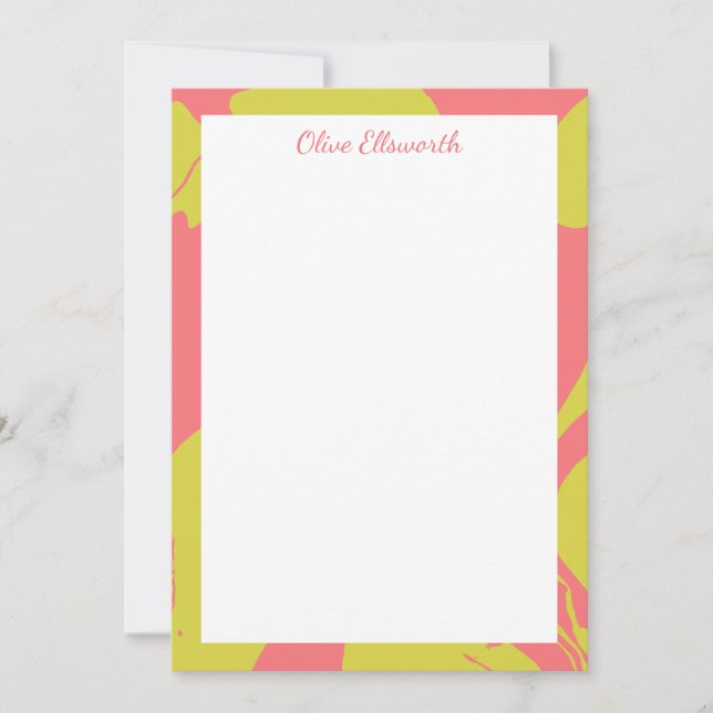 Abstract Marbled Art Coral Chartreuse Personalized Note Card (Front)