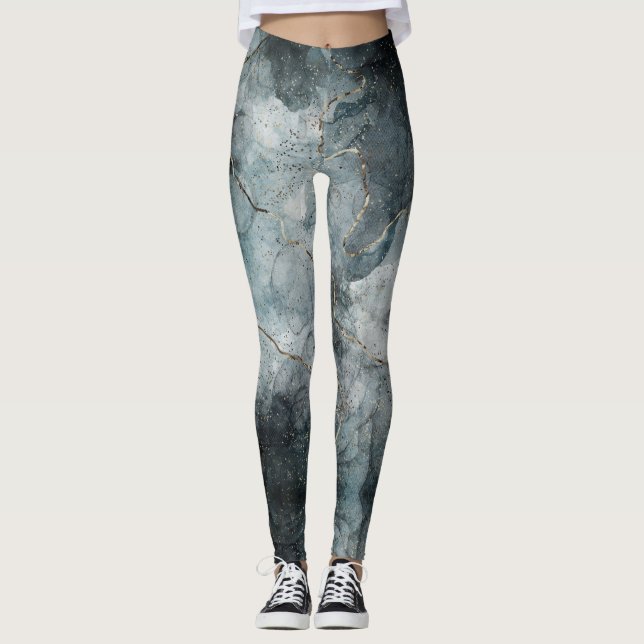 Abstract Marbled Paint Foggy Gray Blue Modern Art  Leggings (Front)