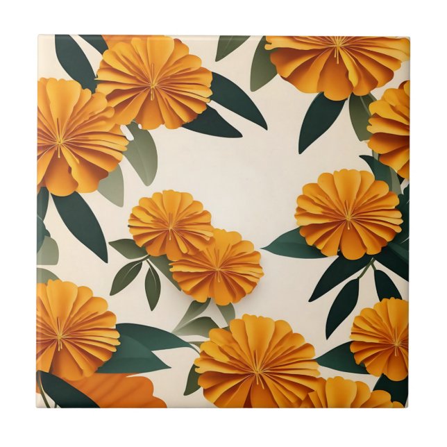 Abstract Marigold Flowers Ceramic Tile (Front)