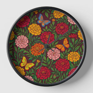 Abstract Marigold Garden Butterflies Art Clocks