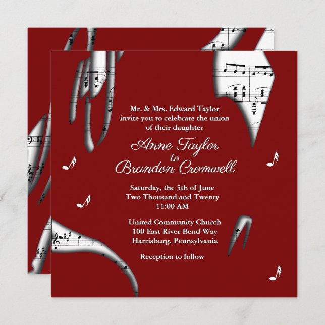Abstract Maroon and White Music Wedding Invitation (Front/Back)