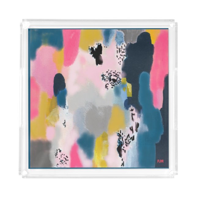 Abstract Mash-Up /Pink Teal Gold Charcoal Acrylic Tray (Front)
