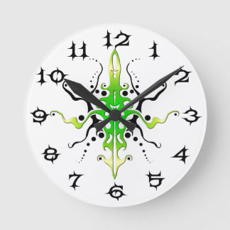 Abstract Mask Tribal Tattoo Design - green Round Clock