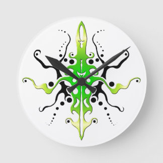 Abstract Mask Tribal Tattoo Design - green Round Clock