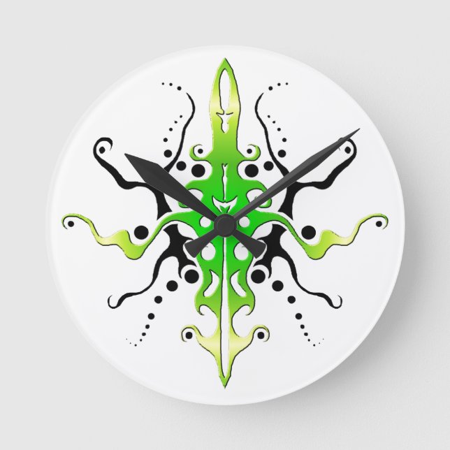 Abstract Mask Tribal Tattoo Design - green Round Clock (Front)