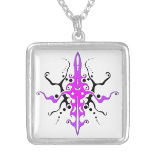 Abstract Mask Tribal Tattoo Design - pink Silver Plated Necklace
