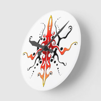 Abstract Mask Tribal Tattoo Design - red Round Clock