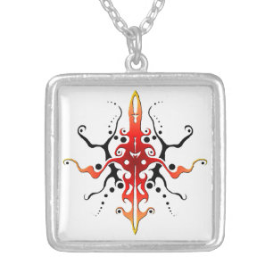 Abstract Mask Tribal Tattoo Design - red Silver Plated Necklace
