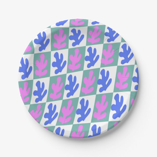Abstract Matisse Inspired Leaf Plant Checkered    Paper Plates (Front)