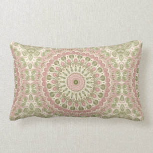 Abstract Medallion Design in Pink and Green Lumbar Pillow
