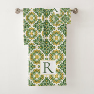 Abstract Mediterranean green tile pattern Bath Towel Set