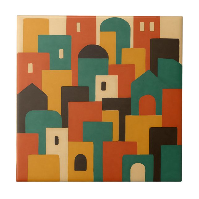 Abstract Mediterranean Village Geometric Ceramic Tile (Front)