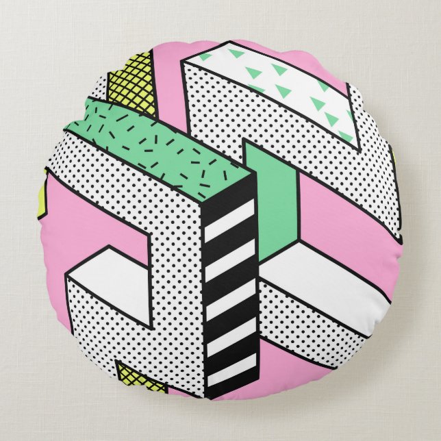 Abstract Memphis: 80s geometric shapes. Round Pillow (Front)