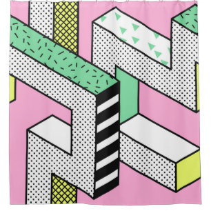 Abstract Memphis Seamless Patterns with 3d Geometr Shower Curtain