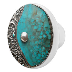 Abstract Metal & Stone in Aqua Verdigris Ceramic Knob