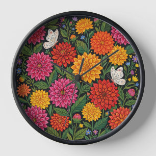Abstract Mexican Dahlias Butterflies Art Clocks
