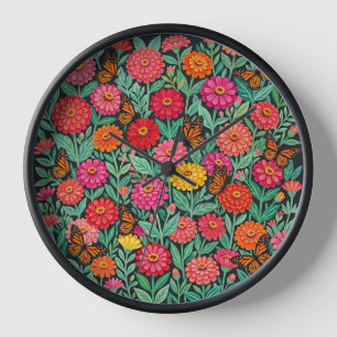 Abstract Mexican Zinnias Butterflies Art Clocks