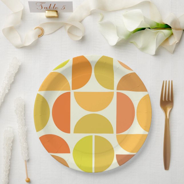 Abstract Mid century modern circles orange yellow  Paper Plates (Wedding)