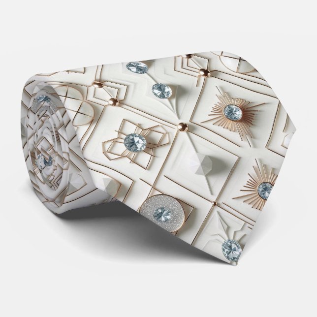 Abstract Mid Century Modern White Diamonds Neck Tie (Rolled)