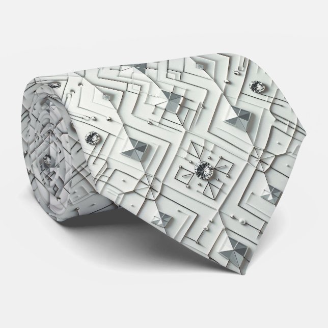Abstract Mid Century Modern White Diamonds Neck Tie (Rolled)