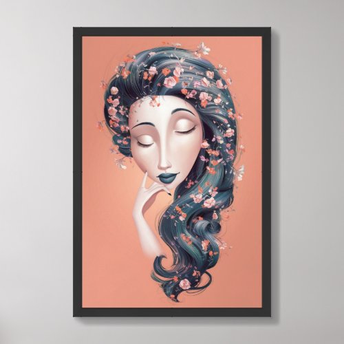 Abstract mid century woman braid with florals5 framed art
