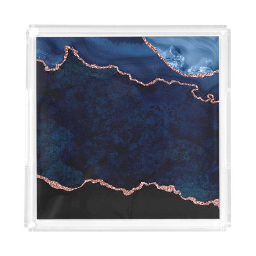 Abstract Midnight Blue Agate Glitter Pattern Acrylic Tray