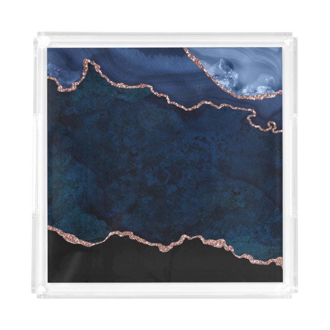 Abstract Midnight Blue Agate Glitter Pattern Acrylic Tray (Front)