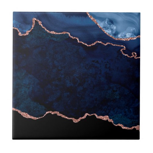 Abstract Midnight Blue Agate Glitter Pattern Ceramic Tile