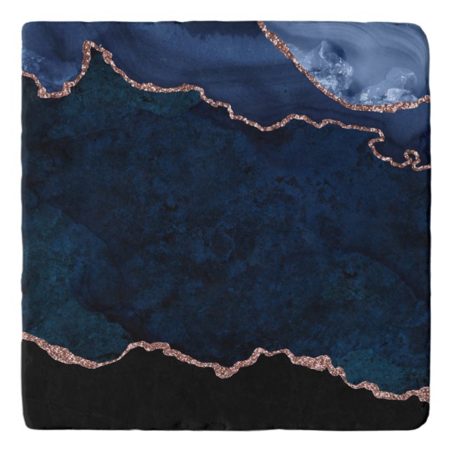 Abstract Midnight Blue Agate Glitter Pattern Trivet (Front)