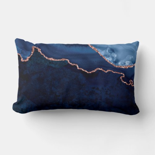 Abstract Midnight Blue Marble With Rose Gold Lumbar Pillow