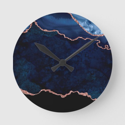 Abstract Midnight Blue Marble With Rose Gold Round Clock