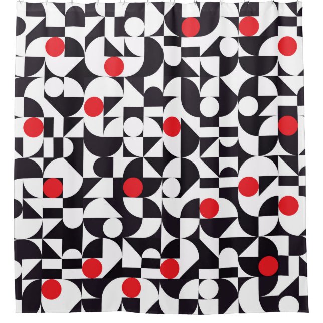 Abstract minimal geometric black white and red pat shower curtain (Front)