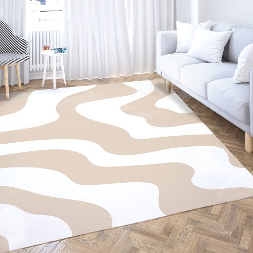 Abstract Minimal White Beige Wavy Line Pattern Rug