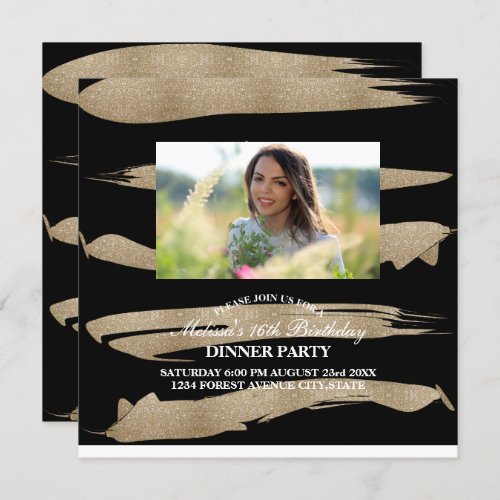 abstract minimalist chic black gold brush stroke invitation