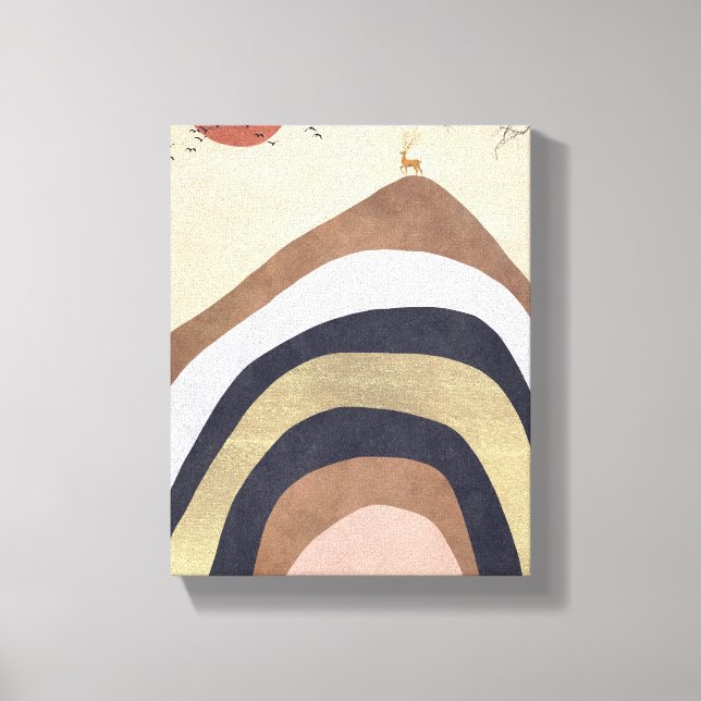 Abstract Minimalist Mountain With Deer Sun Birds Canvas Print (Front)