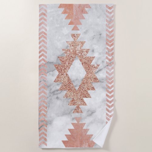 abstract minimalist rose gold aztec white marble beach towel