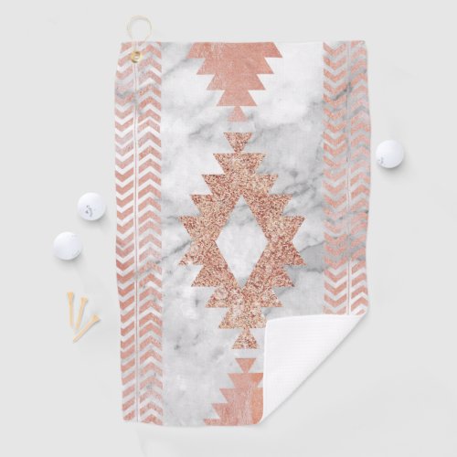 abstract minimalist rose gold aztec white marble golf towel