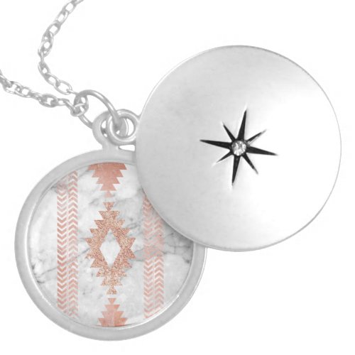 abstract minimalist rose gold aztec white marble locket necklace