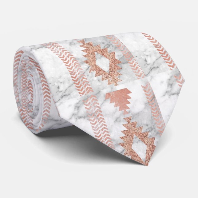 abstract minimalist rose gold aztec white marble neck tie (Rolled)