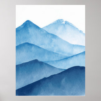 Abstract minimalistic watercolor blue mountains poster