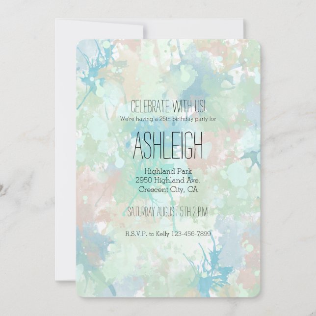 Abstract Mint Blue Watercolor Splashes birthday Invitation (Front)