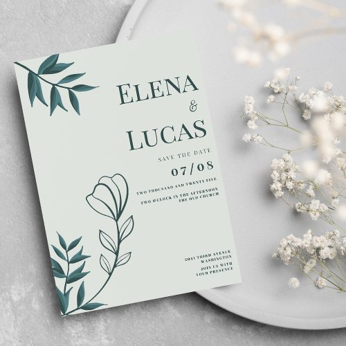 Abstract mint grayish cyan sketch floral wedding invitation