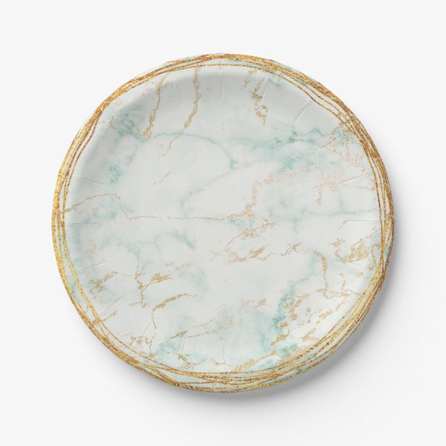 Abstract Mint Green Marble Glam Golden Vip Paper Plates (Front)